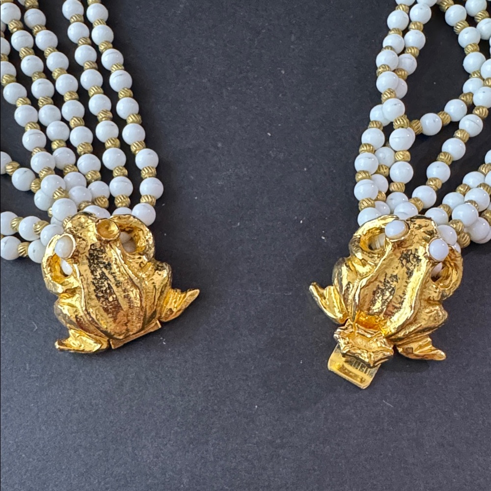 Mimi di Nardo Frogs Clasp white and  Gold Beads multi strand choker Necklace - Picture 3 of 9